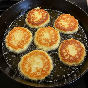 German Potato Pancakes frying in a cast-iron skillet