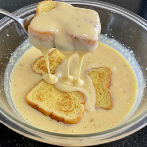 Hawaiian rolls being dipped in custard for French toast