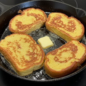 Hawaiian Roll French Toast cooking in a skillet