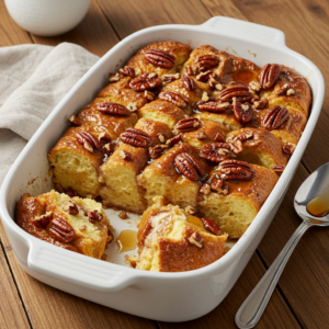 Hawaiian Roll French Toast casserole with pecans and syrup