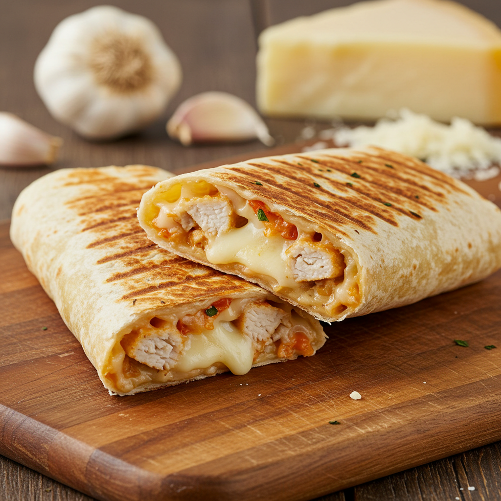 Cheesy Garlic Chicken Wrap with melted cheese