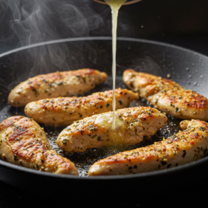 Garlic butter chicken cooking in a skillet