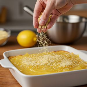 Dry yellow cake mix being sprinkled over lemon filling for dump cake.