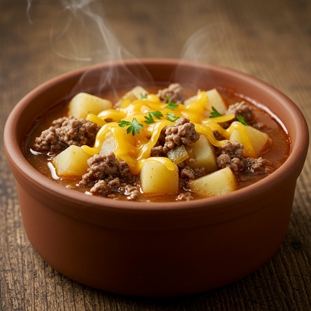 Hamburger Potato Soup with beef, potatoes, and cheese in a rustic bowl