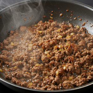 Ground beef cooking in a skillet with onions and garlic