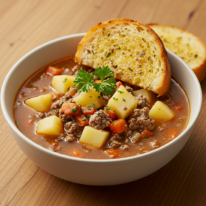 A bowl of creamy Hamburger Potato Soup garnished with parsley and served with garlic bread