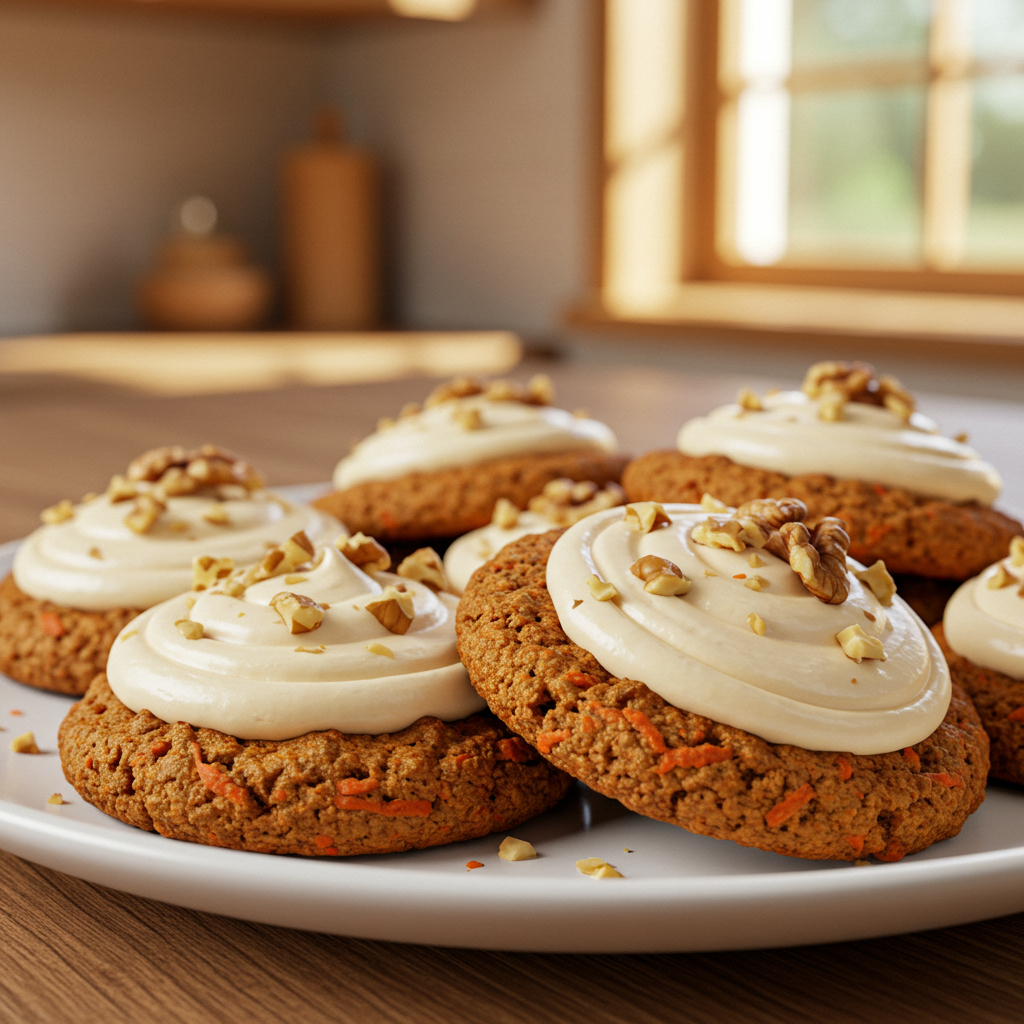 Freshly baked carrot cake cookies with cream cheese frosting