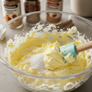 Mixing butter, sugar, and spices for carrot cake cookie dough