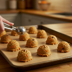 Carrot cake cookie dough balls on a baking sheet