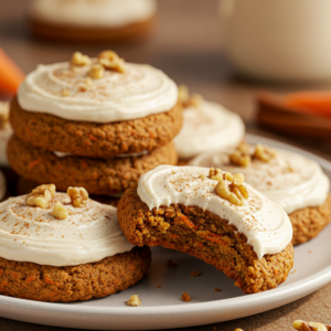 Carrot cake cookies with cream cheese frosting and walnuts