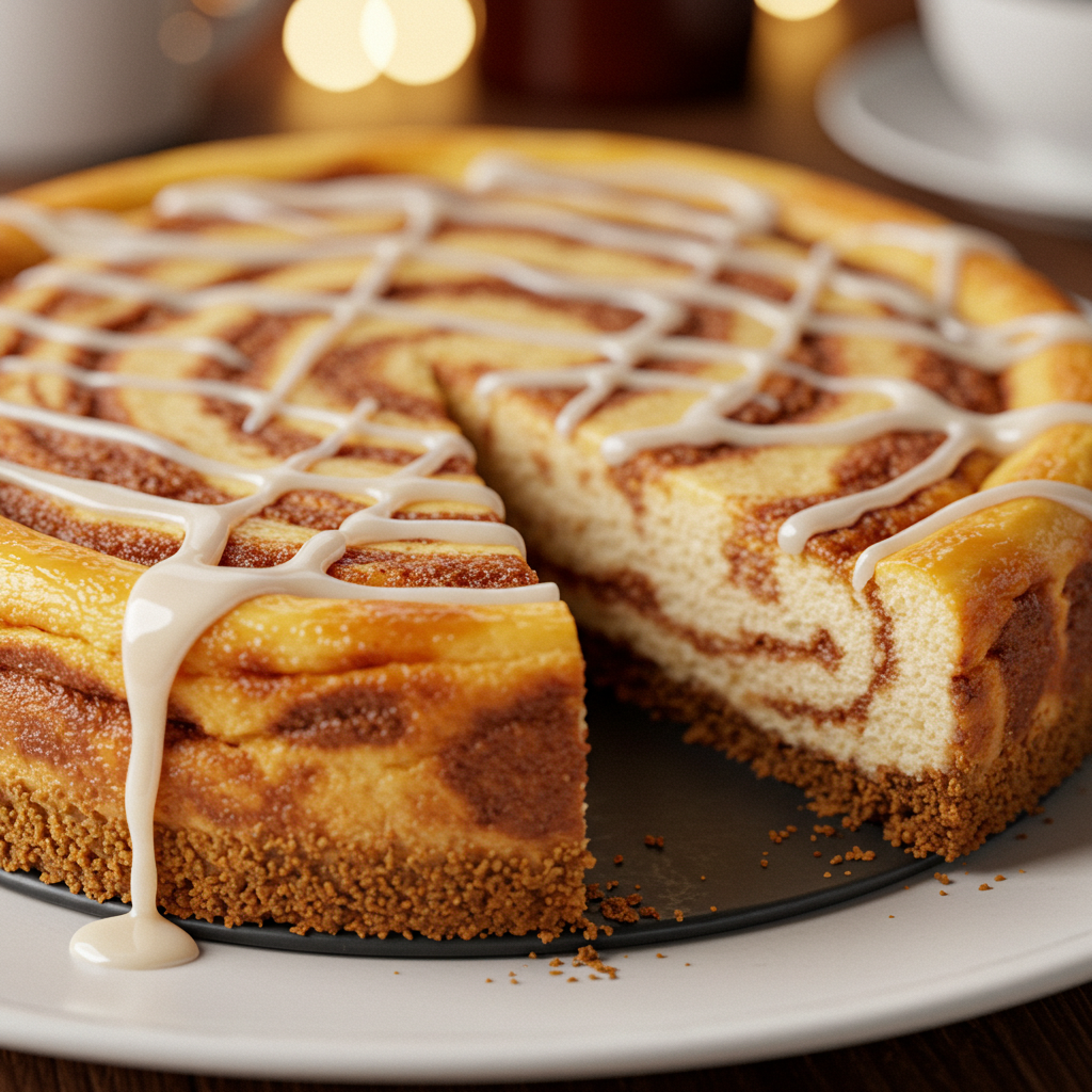 Cinnamon Roll Cheesecake with swirls and icing