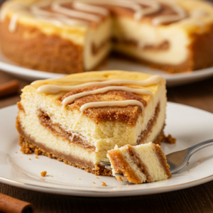 Slice of Cinnamon Roll Cheesecake with icing drizzle