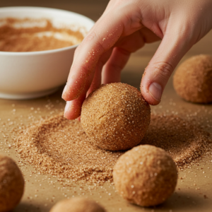 Rolling cookie dough in cinnamon sugar