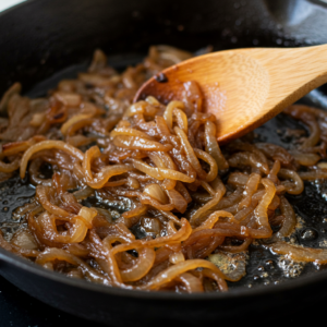 Caramelized onions in a cast-iron skillet for One Pot French Onion Pasta