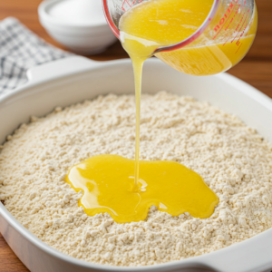 Melted butter being poured over cake mix for Lemon Dump Cake.