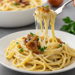 Creamy One Pot French Onion Pasta served with caramelized onions and parsley