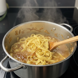 Fettuccine cooking in French onion broth for One Pot Pasta