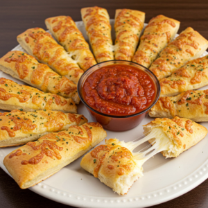 Freshly baked cheese breadsticks served with marinara sauce