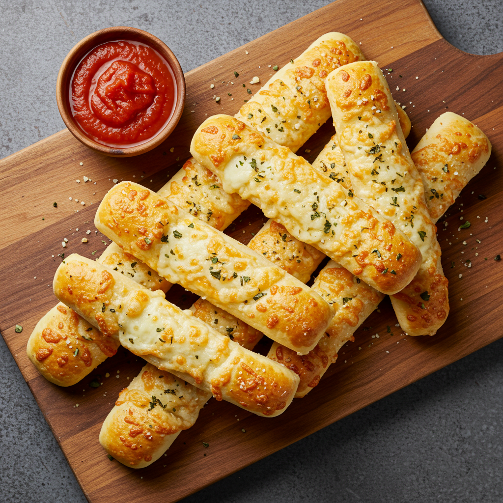 Crispy cheese breadsticks with garlic butter and marinara sauce