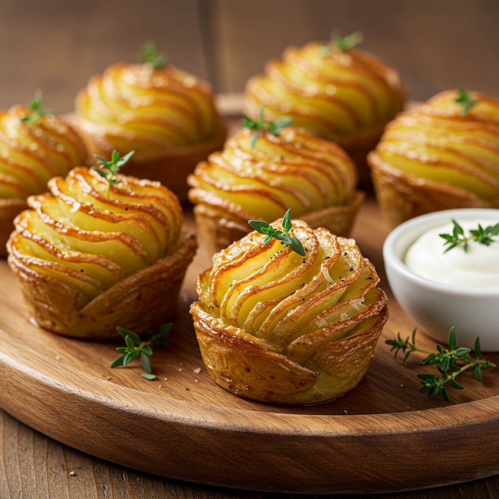 Crispy muffin tin potato stacks with golden edges and buttery layers