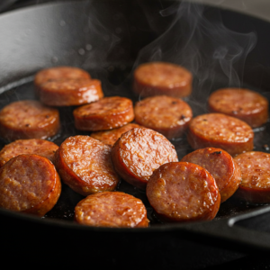 Andouille sausage cooking in a skillet for Cajun mac and cheese