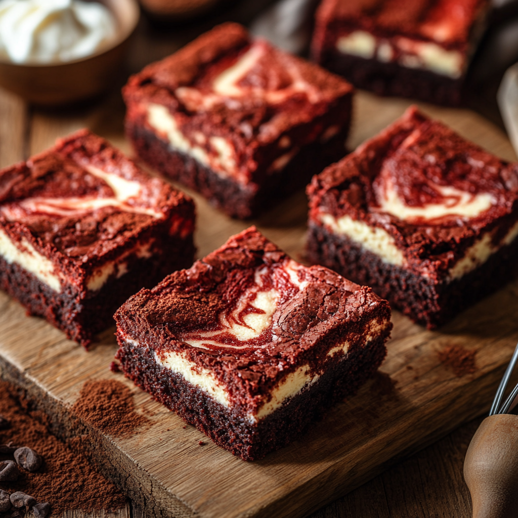 Fudgy red velvet brownies sliced into squares on a marble surface.