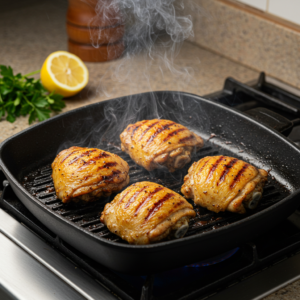 Chicken shawarma grilling on a stovetop pan with grill marks.