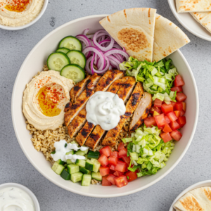 Chicken shawarma bowl with fresh veggies, rice, and sauce.