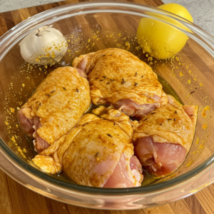 Chicken thighs marinating in Middle Eastern spices for shawarma.