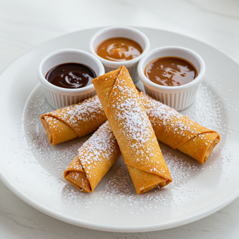 Golden brown cheesecake egg rolls with powdered sugar and assorted dipping sauces on a white plate