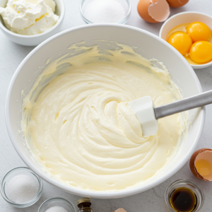 Creamy cheesecake filling in a mixing bowl with ingredients around it