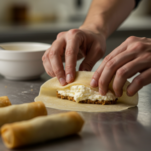 Hands folding a cheesecake egg roll wrapper with cream cheese filling inside