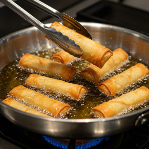 Golden cheesecake egg rolls frying in hot oil in a skillet with tongs flipping one
