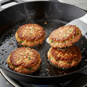 Salmon patties frying in a skillet with golden brown crust and spatula flipping one
