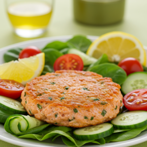 Low-carb salmon burger served over salad greens with lemon and vinaigrette
