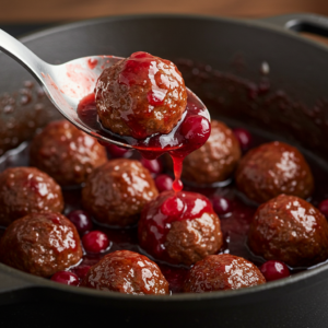 Meatballs covered in homemade cranberry sauce being served.