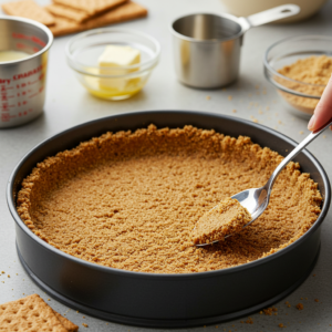A pressed graham cracker crust in a springform pan, ready for baking.