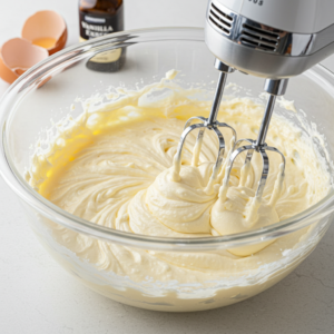 Smooth and creamy cheesecake filling being mixed in a bowl with a hand mixer.