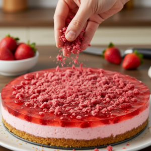 A hand sprinkling strawberry crunch topping over a freshly chilled cheesecake.