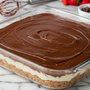 Poured chocolate glaze over an Éclair Dessert creating a smooth, glossy finish.