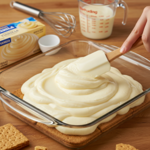A hand spreading vanilla pudding over graham crackers in a baking dish for Éclair Dessert.