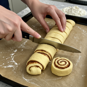 Slicing crescent dough into cinnamon rolls on a floured surface