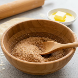 Cinnamon sugar filling being mixed in a wooden bowl with a spoon