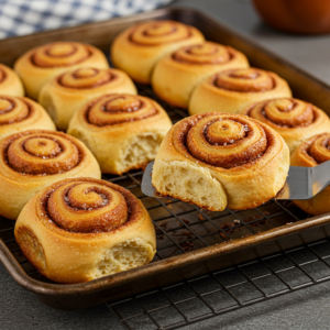Freshly baked crescent roll cinnamon rolls cooling on a wire rack