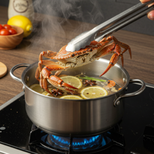 A pair of tongs lowering a live crab into a steaming pot on the stove.