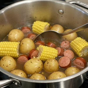 Corn, potatoes, and sausage cooking in a large pot on the stovetop.