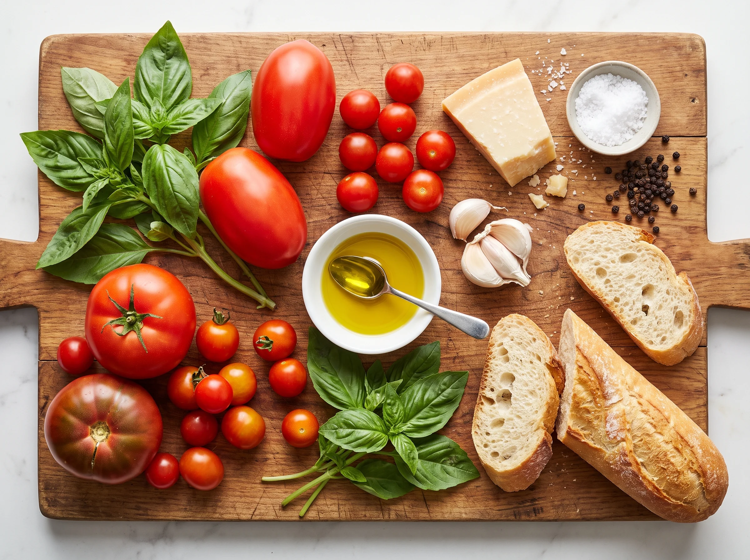 Bruschetta Dip ingredients laid out on a rustic wooden board including tomatoes, basil, garlic, olive oil, and cream cheese