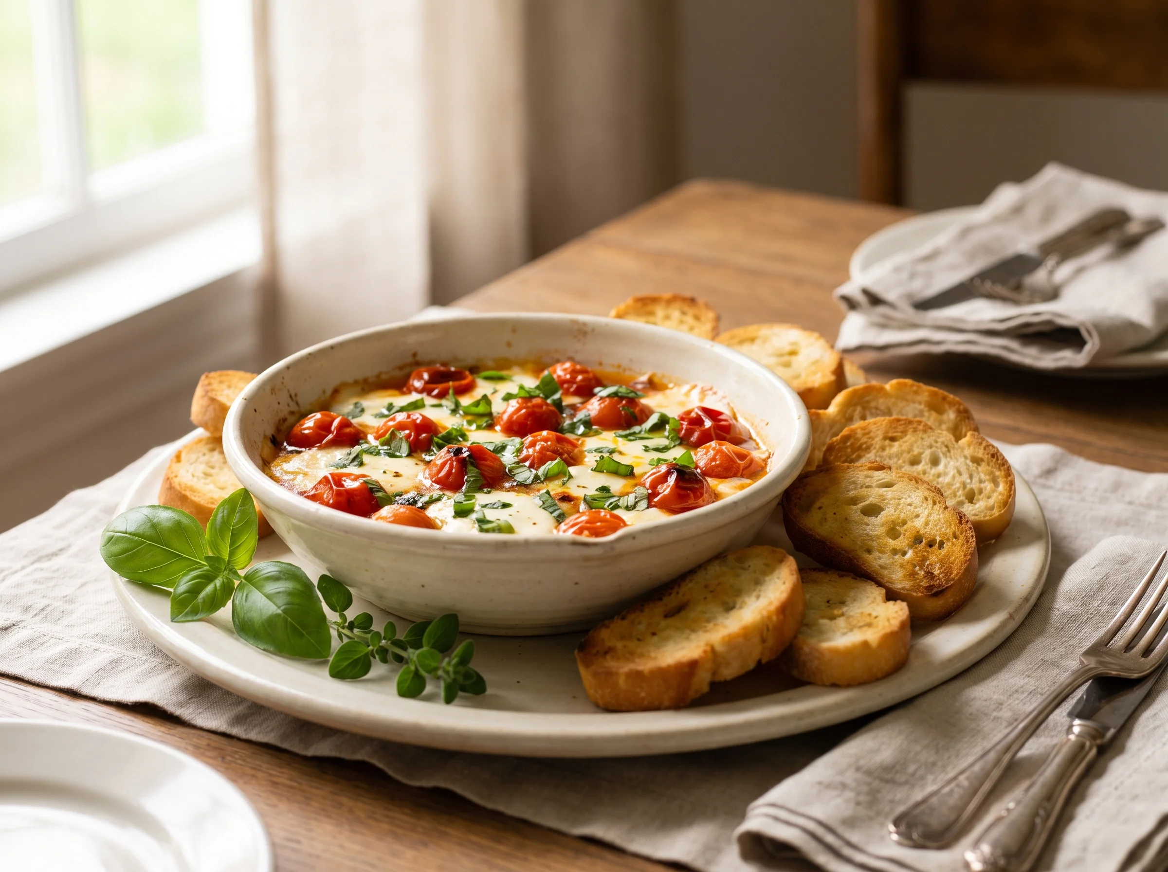 Bruschetta Dip served in a white shallow dish surrounded by colorful dippers including cucumber slices, pita chips, and bell pepper strips on a festive holiday table
