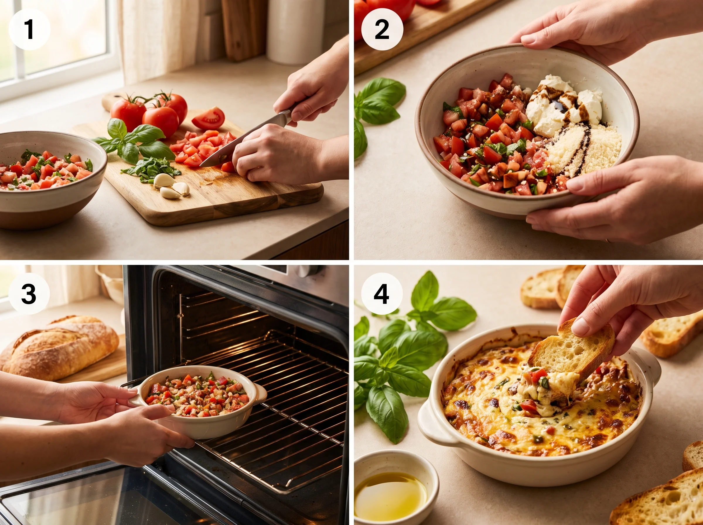 Bruschetta Dip step by step preparation showing tomato mixture spooned over cream cheese base in a white serving dish