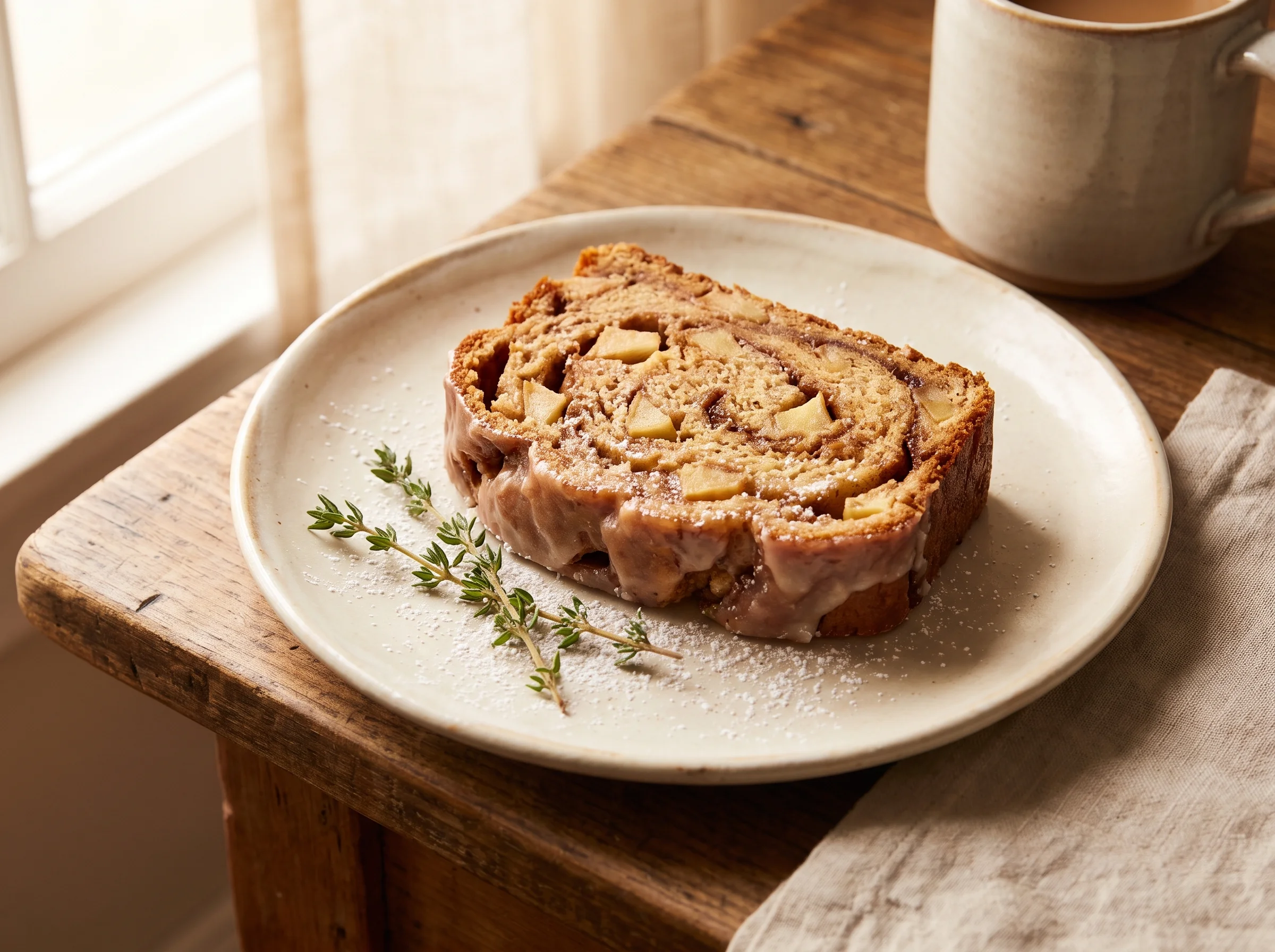 Cinnamon Apple Bread served sliced on a wooden board with apple slices and cinnamon sticks